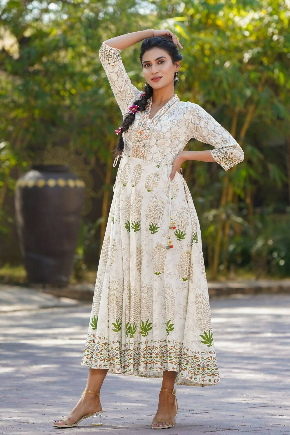 Juniper Womens Ivory Rayon Foil Printed Circular Maxi Dress With Mirror Embroidery | Grocsy