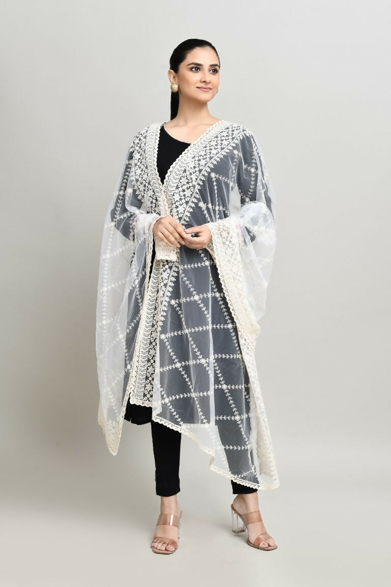 Joban Fashion White Cotton Embroidery Work Pakistani Karanchi Dupatta | Grocsy