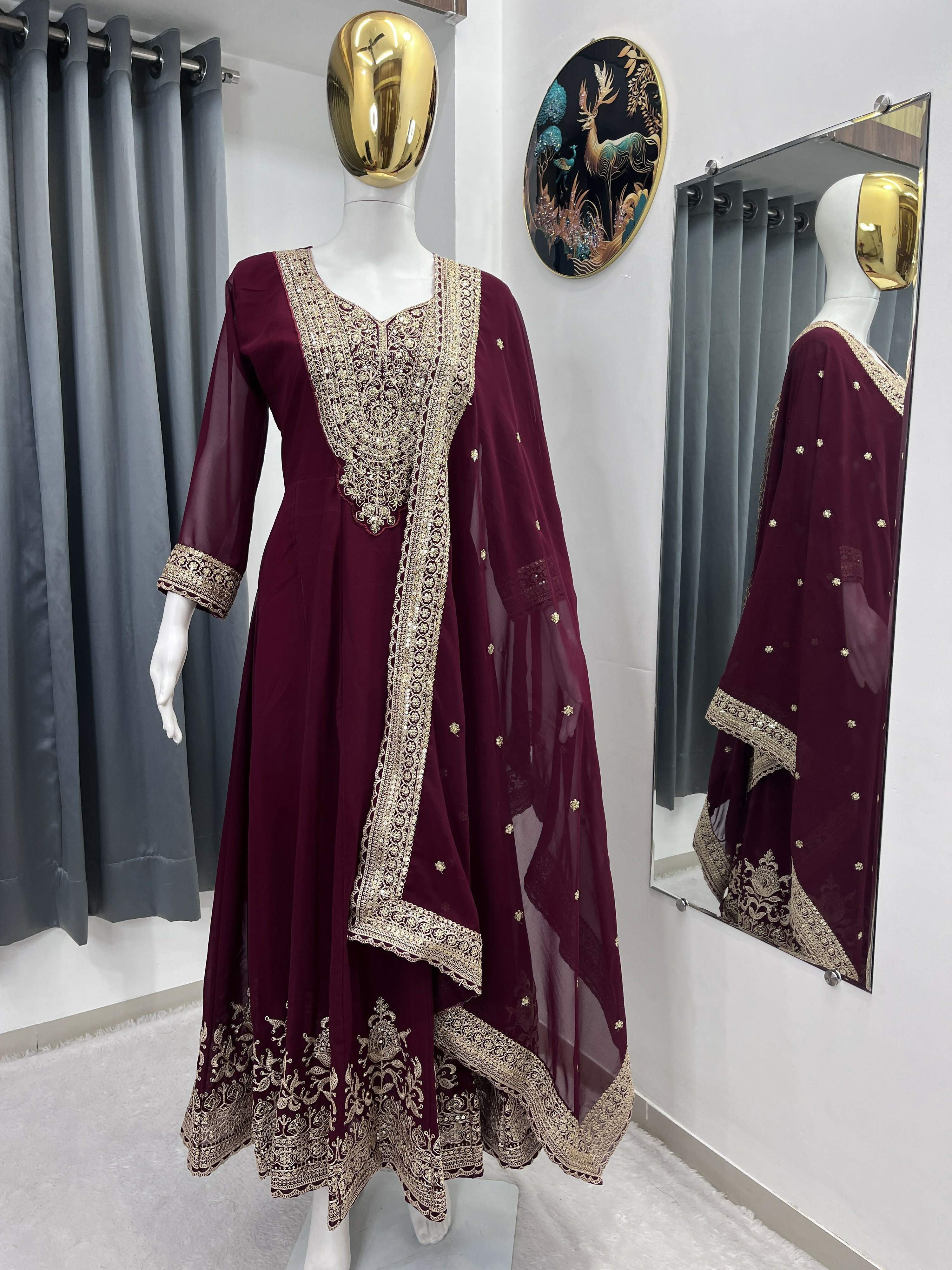 Teeya Creation Maroon Color Faux Georgette Embroidery Work Long Party Wear Gown | Grocsy