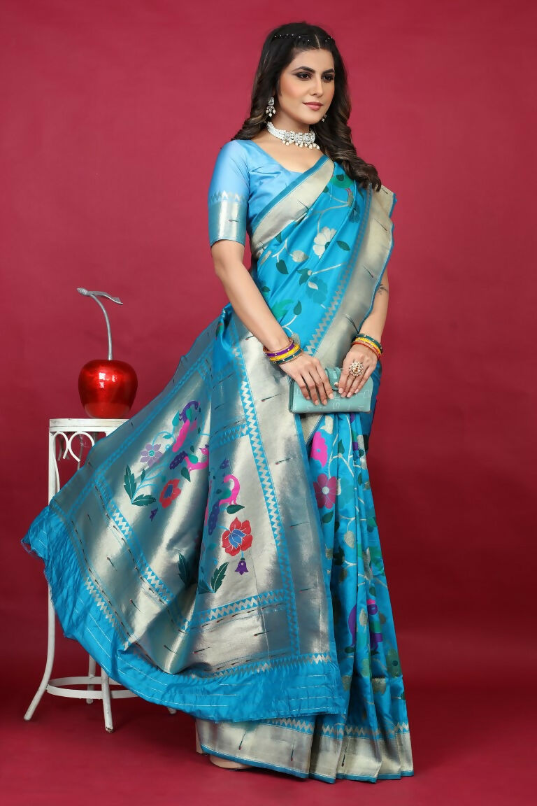 Jyoti Fashion Women's Sky Blue Paithani Silk Zari Woven Saree with Blouse | Grocsy