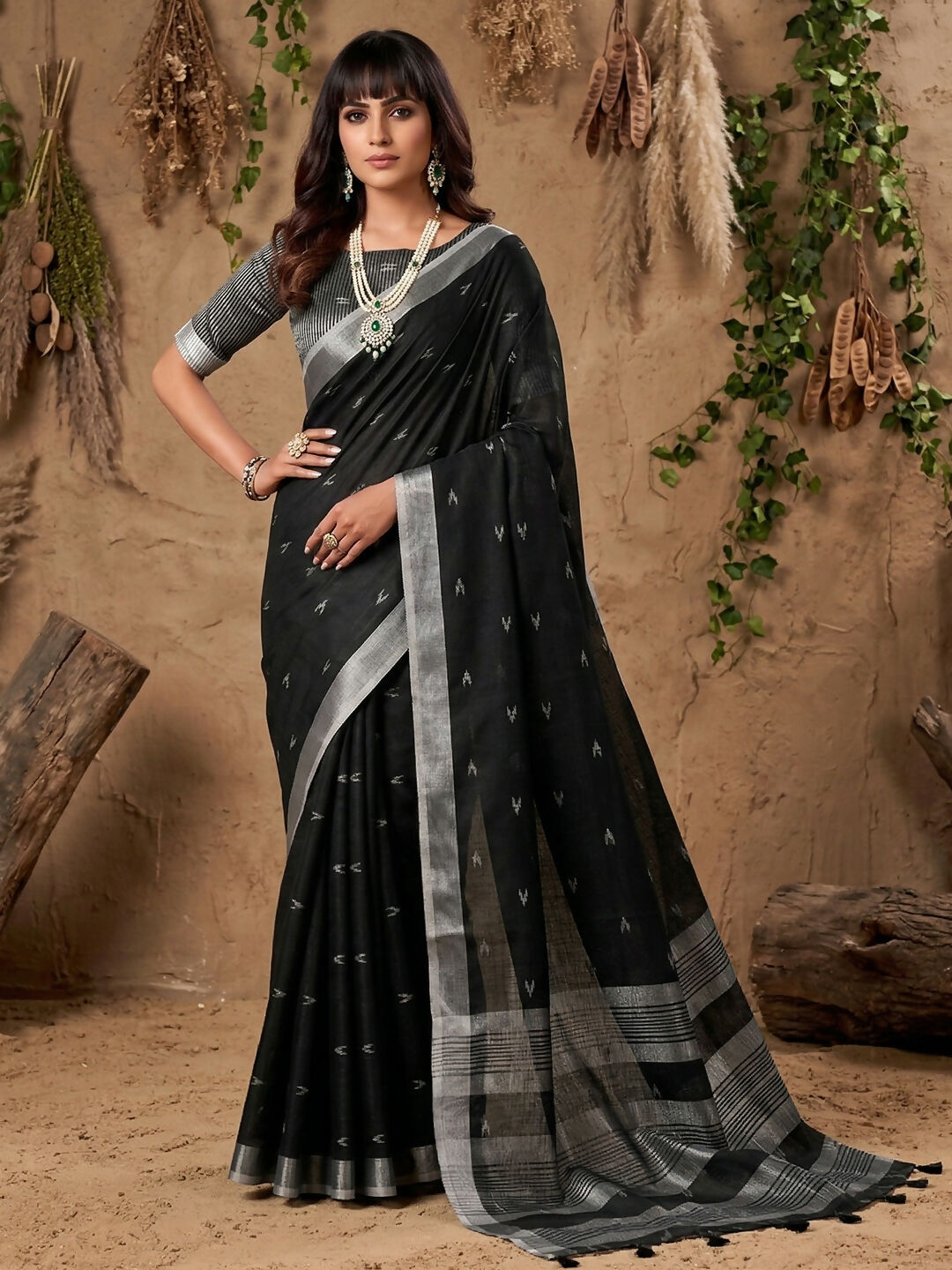 Shree Shyam Fashion Black Linen Cotton Saree | Grocsy