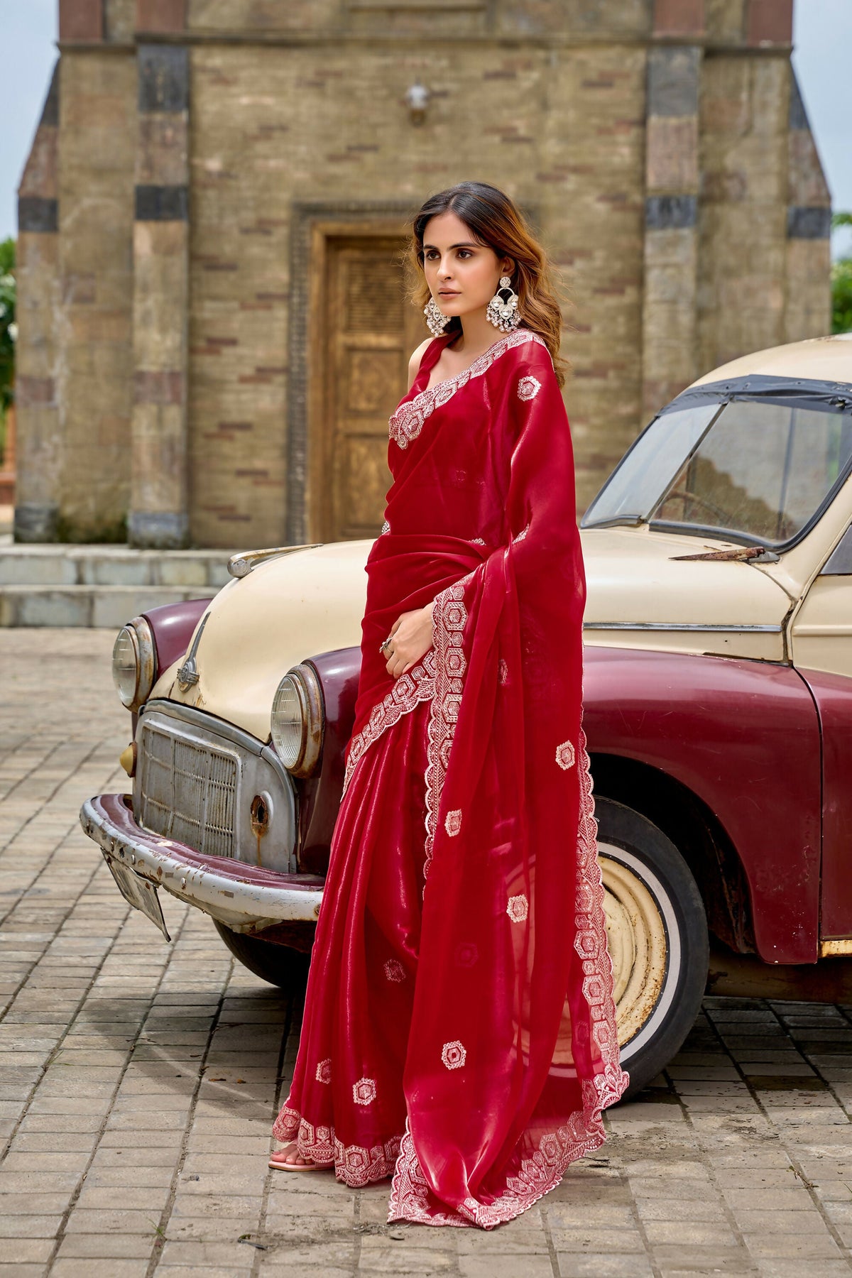 Vastranavya Red Embroidery Work Shimmer Chiffon Saree with Unstitched Blouse | Grocsy