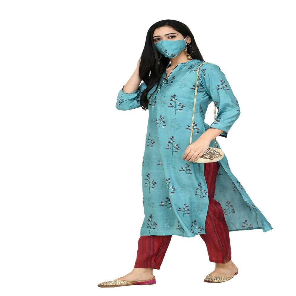 Lagi Women's Turquoise Blue Printed Straight Kurta & Pant (MC41A) | Grocsy