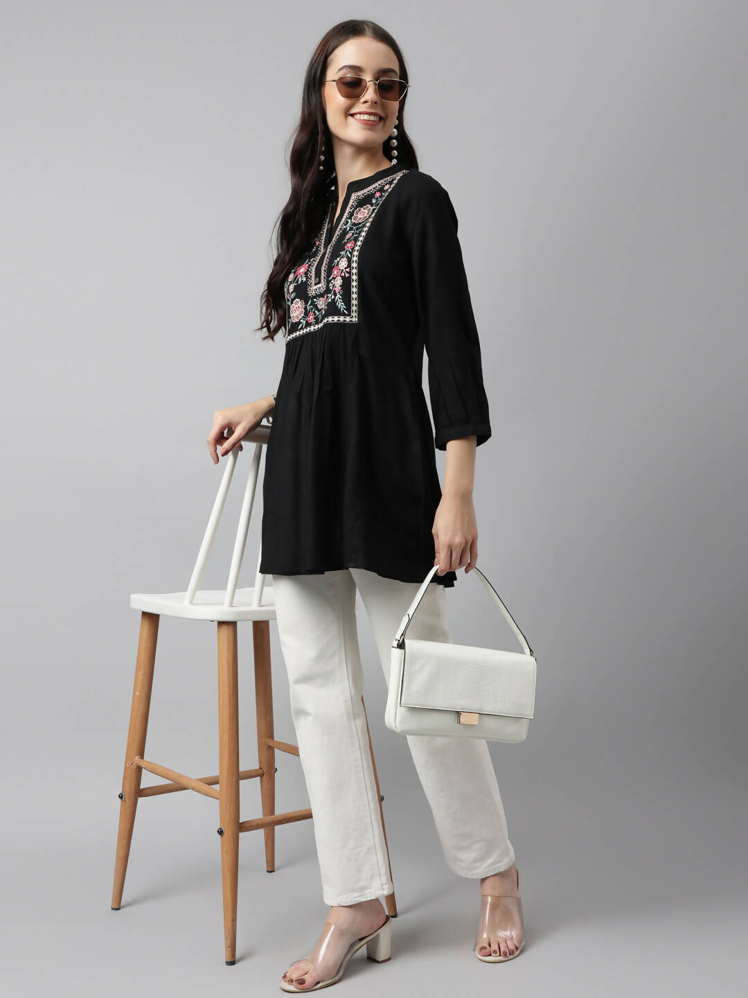 Black Rayon Yoke Embroidered A-line Top - Tarini | Grocsy