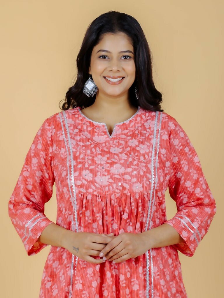 Aramya Pink Kantha Cotton Floral Panelled Kurta for Women | Grocsy