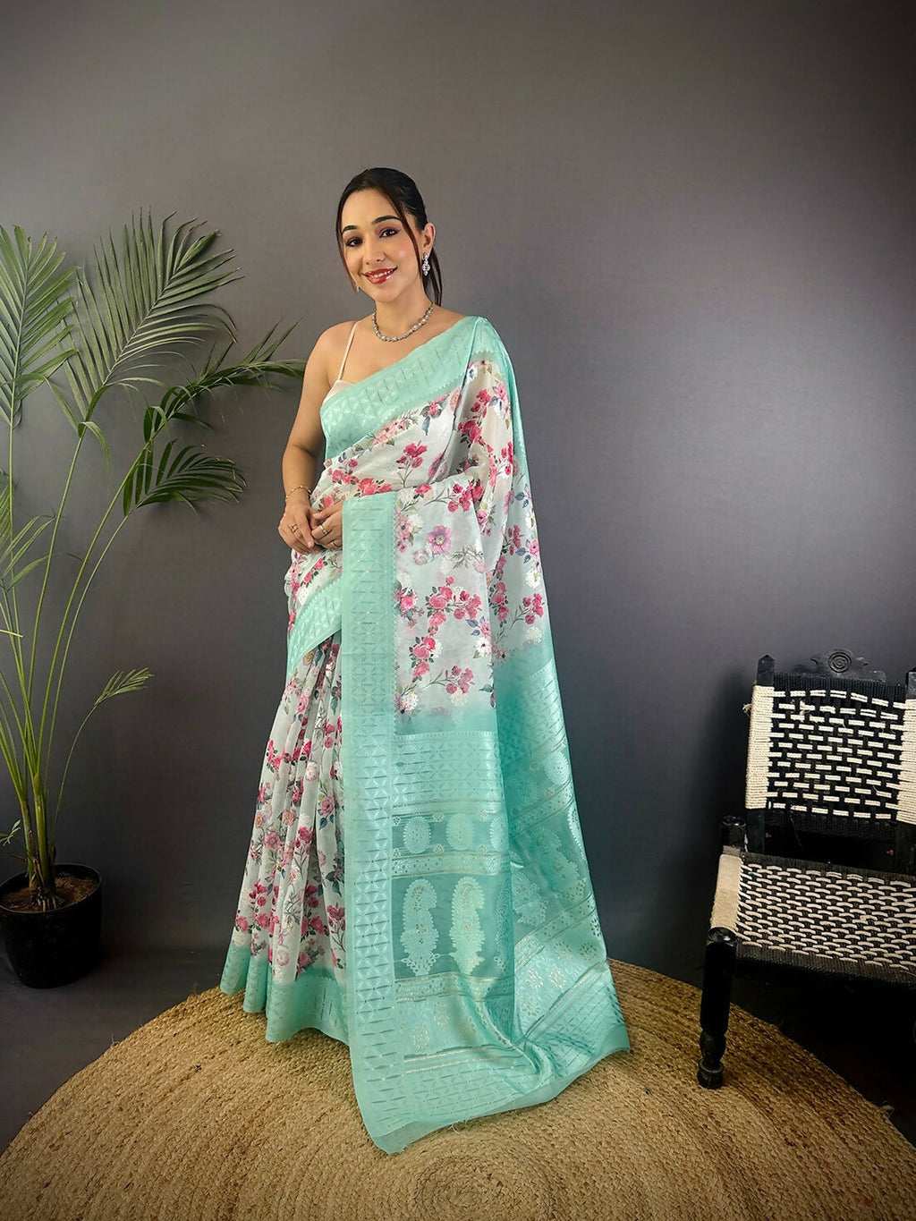 Joban Fashion Cyan Blue Floral Motifs Banarasi Silk Sarees | Grocsy