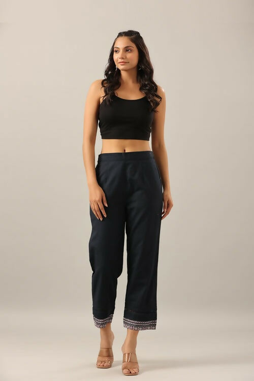 Juniper Navy Blue Solid Cotton Flex Pants With Printed Hem, Pintucks & Lace Work | Grocsy