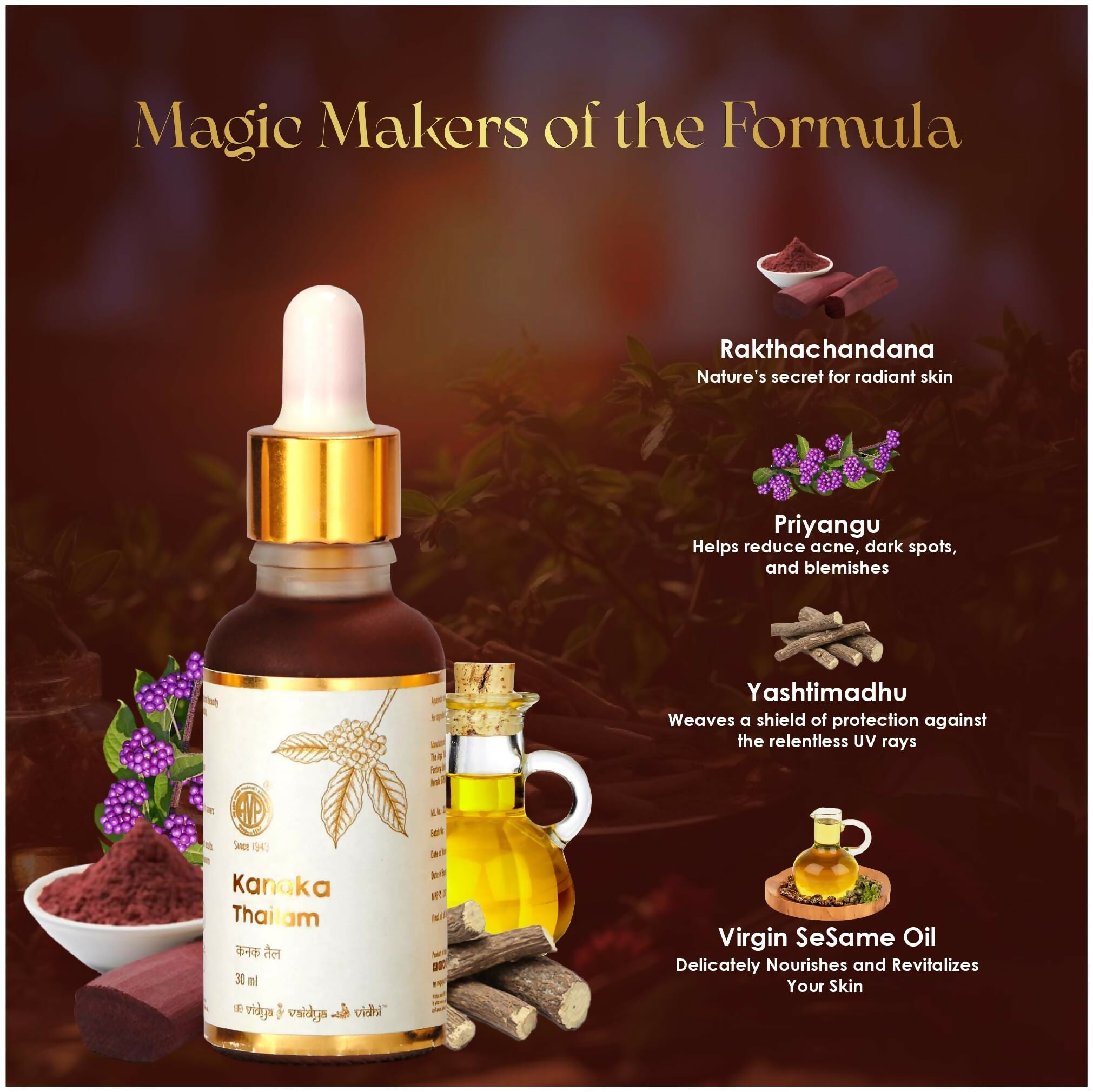 AVP Ayurveda Kanaka Thailam Day Serum Infused with Beauty Berry and Sandalwood, Ayurvedic Herbal Face Oil | Grocsy