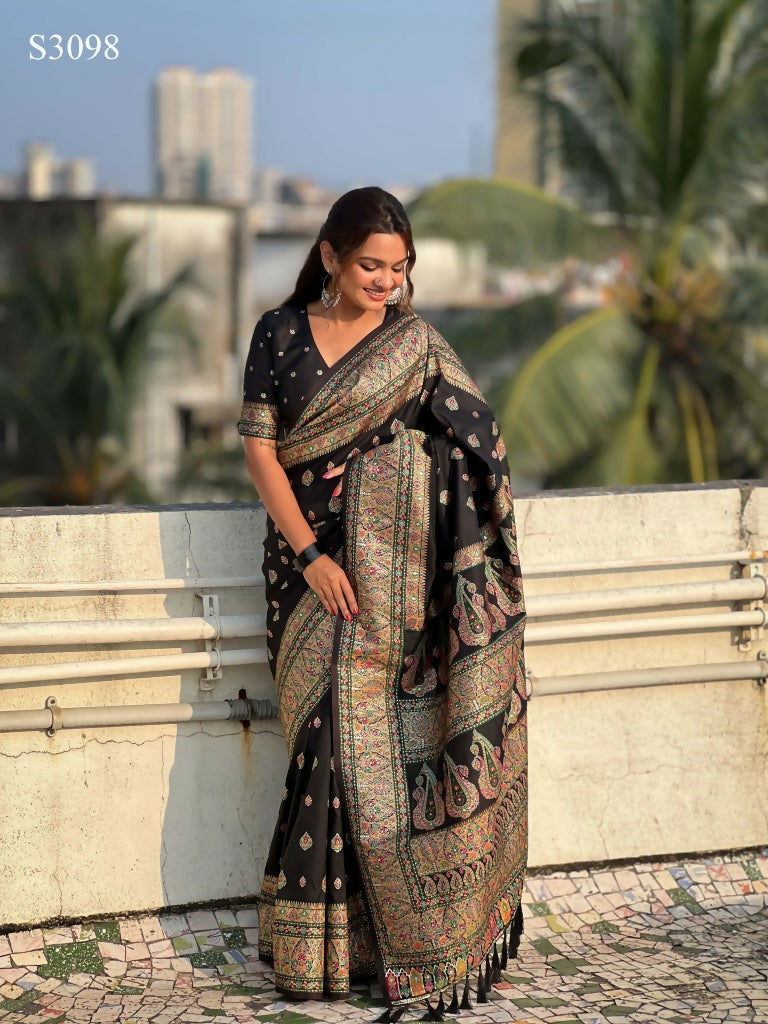 Black Pashmina Silk Wevon Kashmiri Meenakari Designer Saree with Unstitched Blouse - Vandini | Grocsy