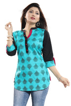 Snehal Creations Luscious Light Rama Cotton Printed Tunic Top With Roll On Sleeves | Grocsy
