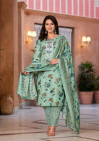 Juniper Women's Green Floral Printed Cotton Kurta Set With Thread Work | Grocsy