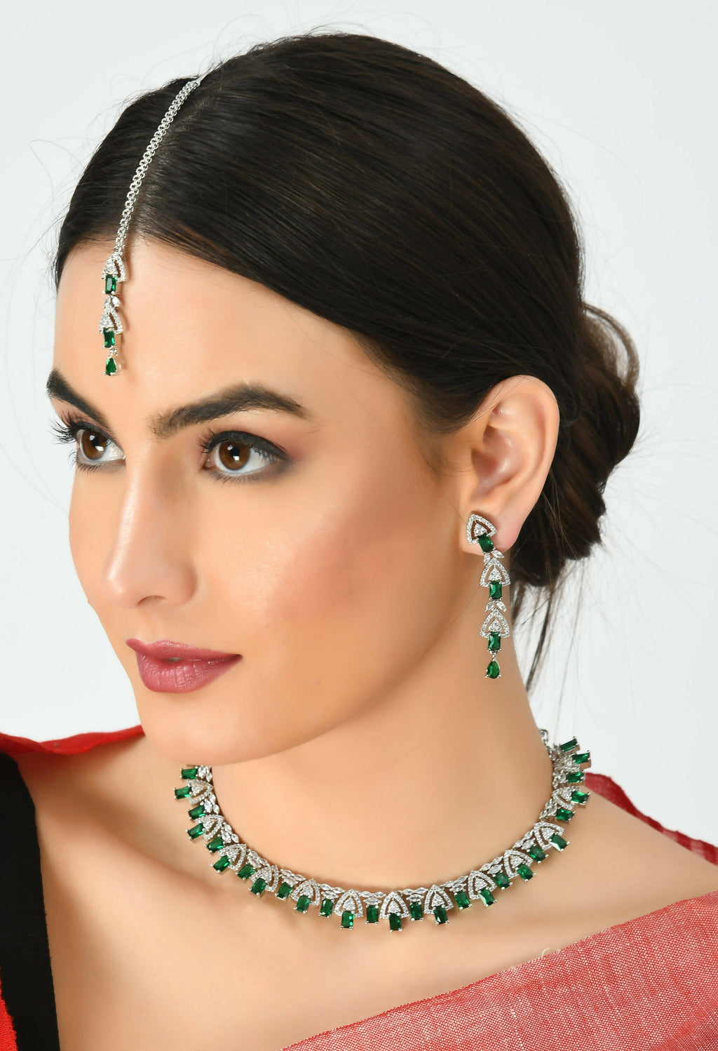 Mominos Fashion Johar Kamal Silver-Plated American Diamond Green Choker Set | Grocsy