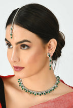 Mominos Fashion Johar Kamal Silver-Plated American Diamond Green Choker Set | Grocsy