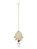 Gold-Polished White Green Kundan-Studded Pearl Beaded Maang Tikka - Ruby Raang | Grocsy