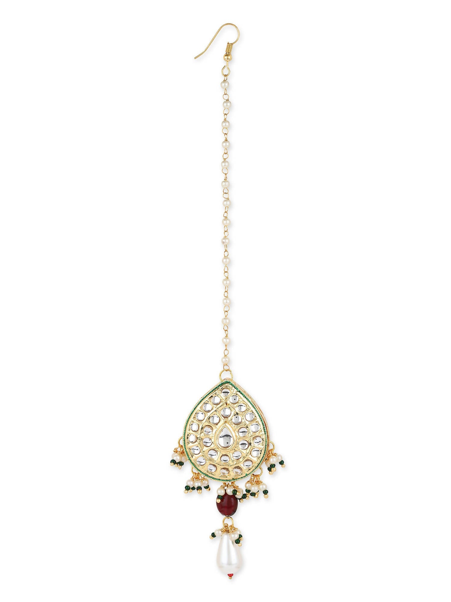Gold-Polished White Green Kundan-Studded Pearl Beaded Maang Tikka - Ruby Raang | Grocsy