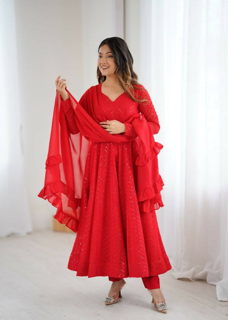 Teeya Creation Red Color Heavy Embroidery Work Georgette Fabric Wedding Wear Gown | Grocsy