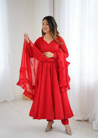Teeya Creation Red Color Heavy Embroidery Work Georgette Fabric Wedding Wear Gown | Grocsy