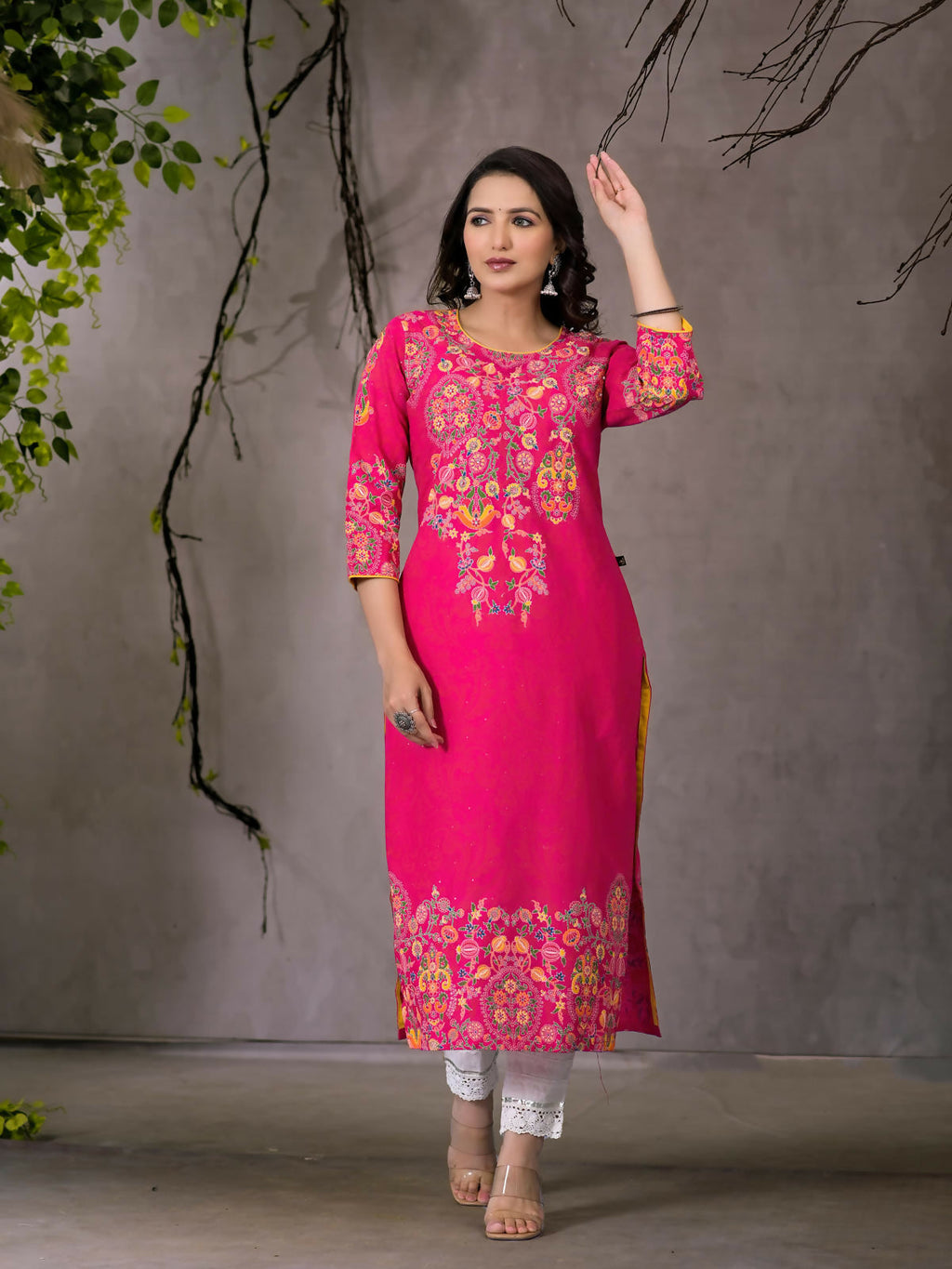 Juniper Women's Pink Thread Embroidered Liva Rayon Kurta With Sequins & Beads | Grocsy