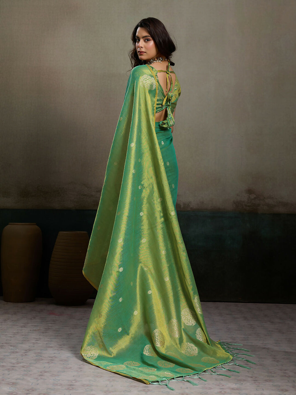 Shree Shyam Fashion Green Tissue Silk Saree | Grocsy