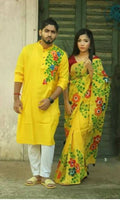 Exclusive Collection Elegant Hand Printing Designe On Pure Cotton Saree And Men's Kurta - Yellow | Grocsy