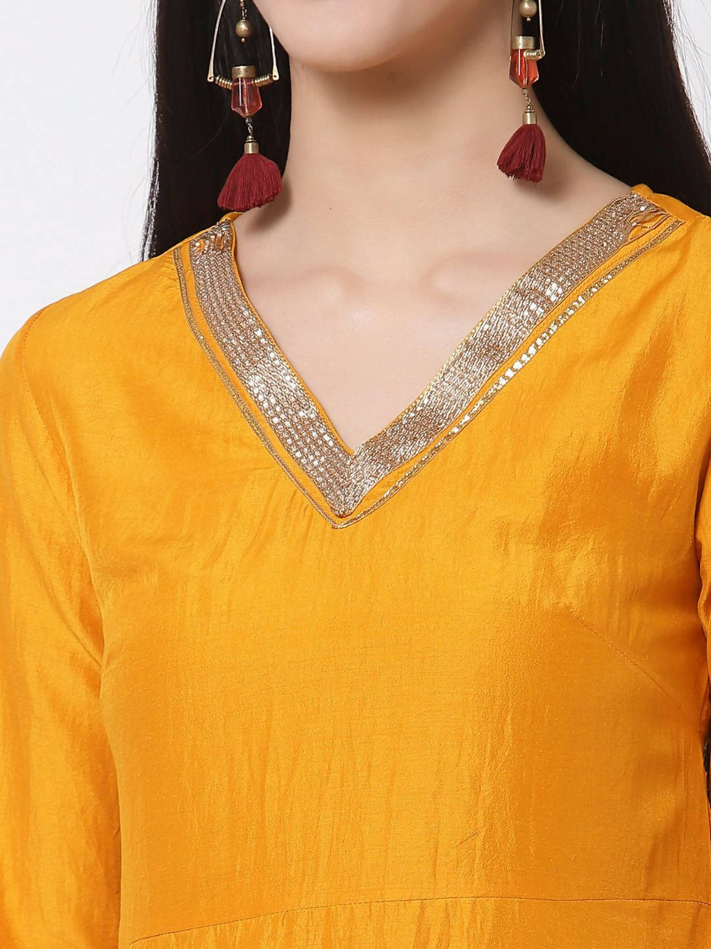Myshka Yellow Printed Silk Blend 3/4 Sleeve V Neck Casual Kurta Dupatta Set | Grocsy
