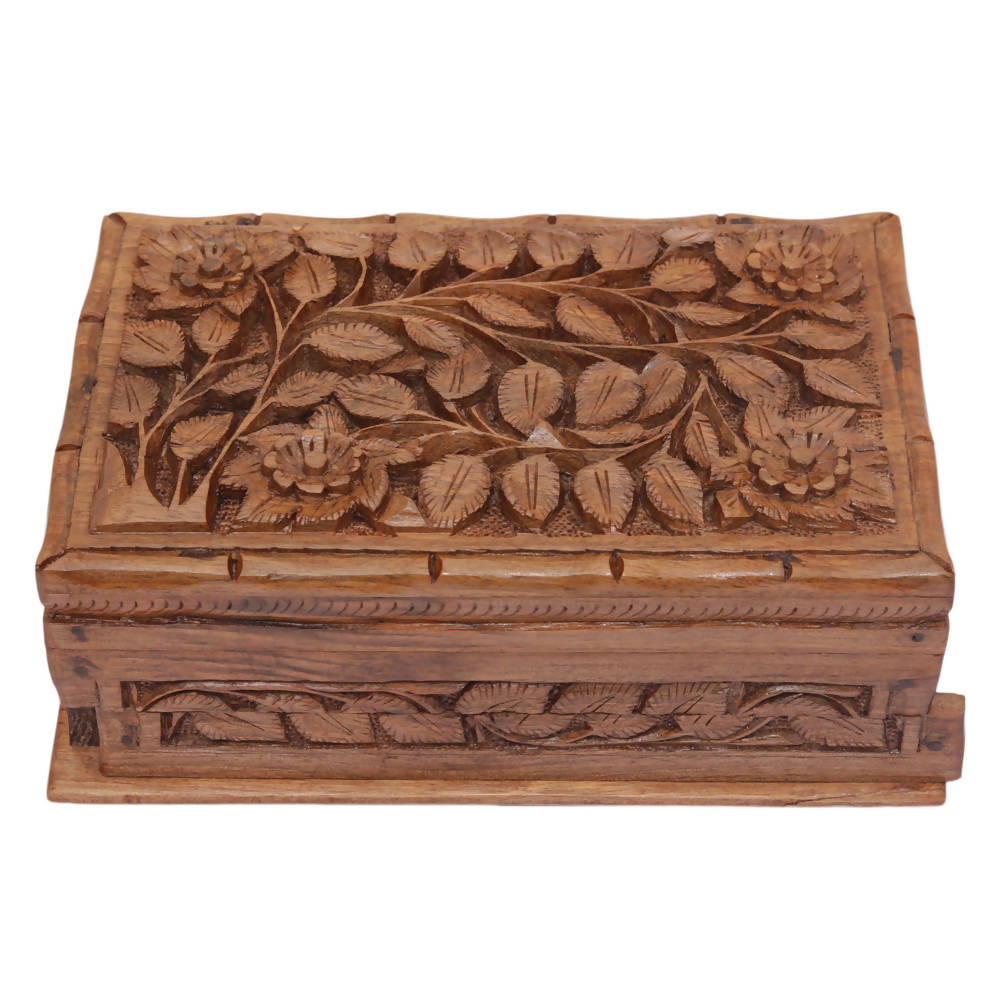 Nizalia Carved Chinar Leaf Handmade Walnut Wood Jewellery Box | Grocsy