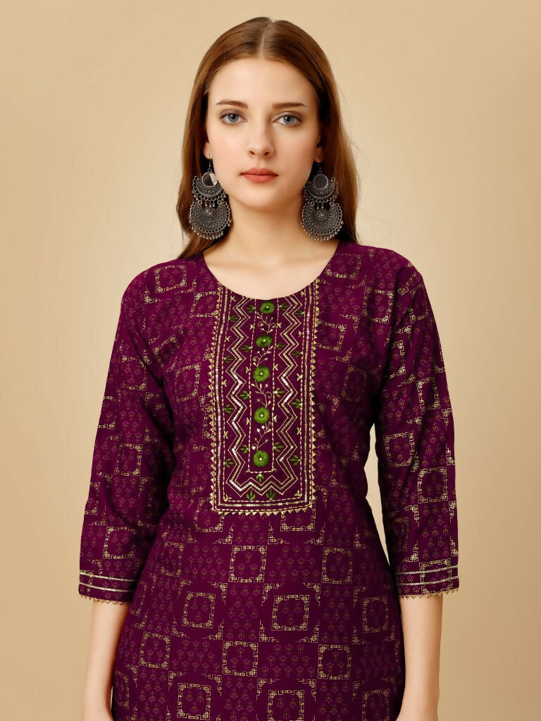 Jyoti Fashion Women's Wine Viscose Rayon Embroidered Kurta Pant Set | Grocsy
