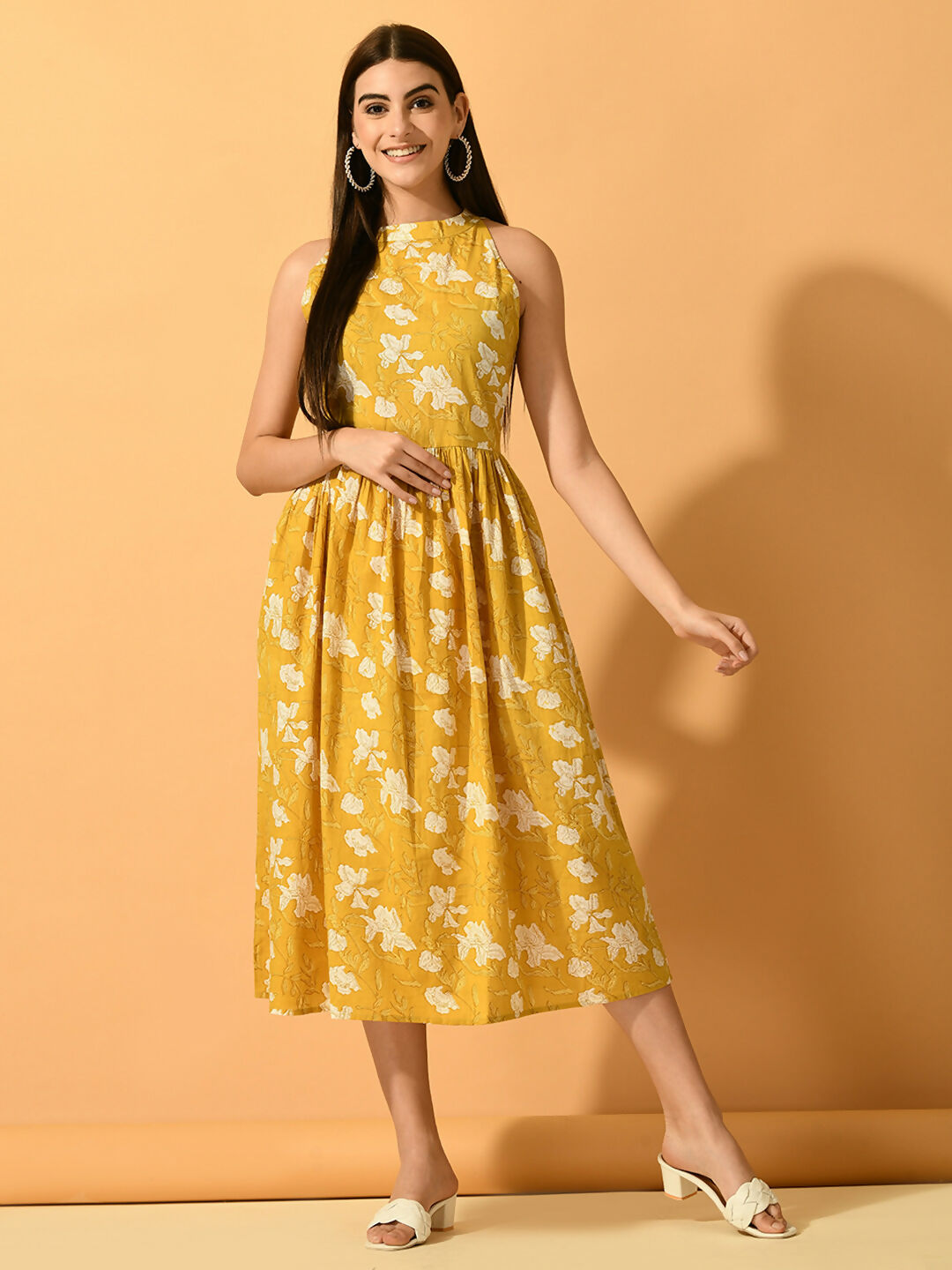 Myshka Women's Yellow Fit and Flare Party Dress | Grocsy