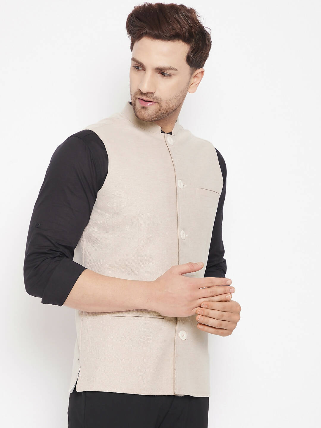 Even Apparels Cream Merino Men Woven Nehru Jacket | Grocsy