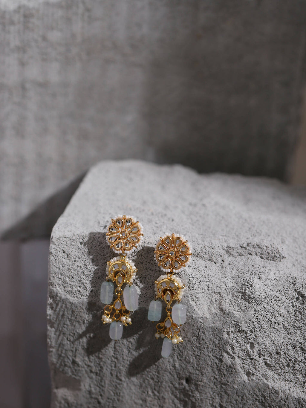 Gold-Toned White Kundan Contemporary Gold-Polished Drop Earrings - Ruby Raang | Grocsy