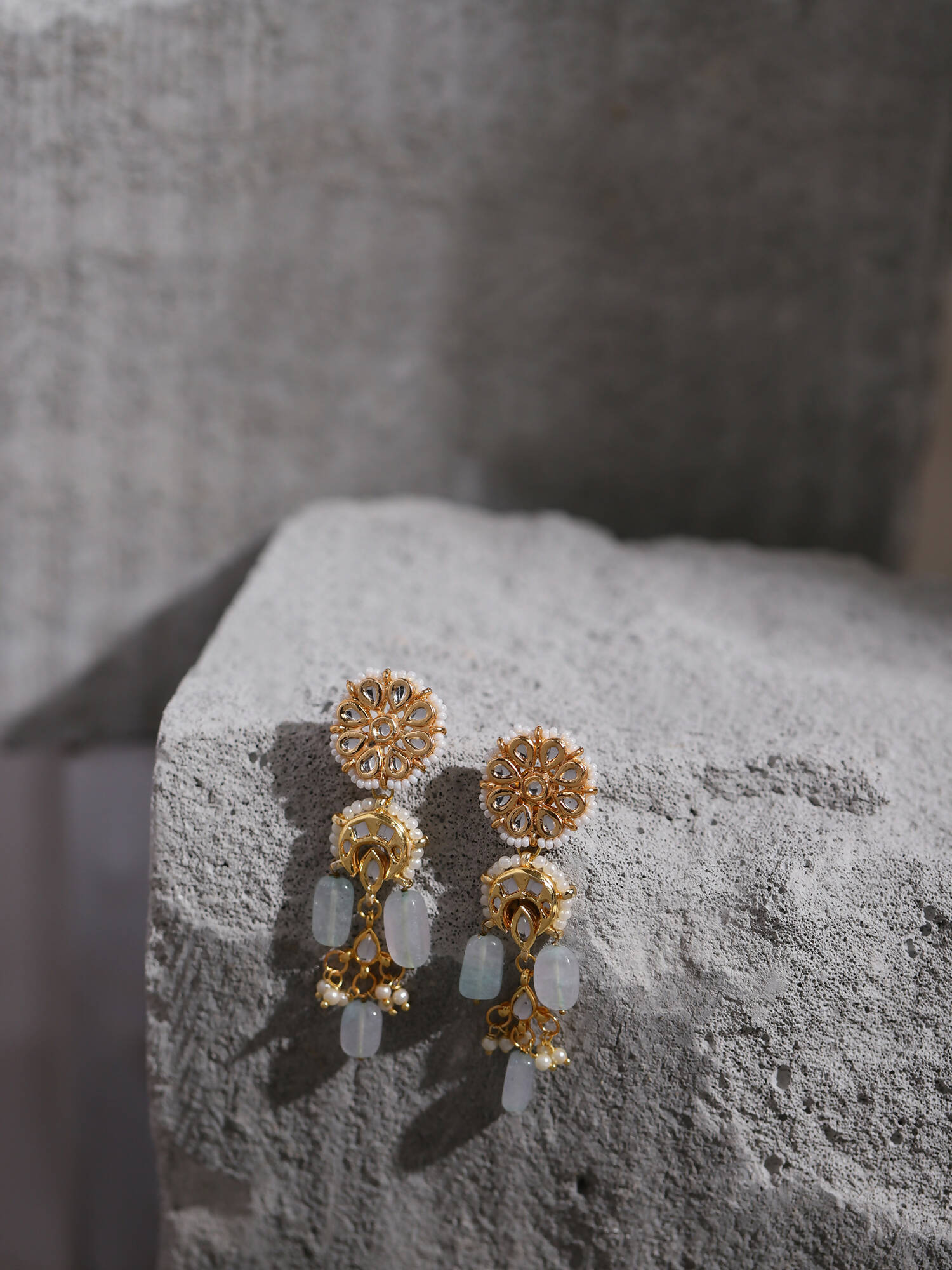 Gold-Toned White Kundan Contemporary Gold-Polished Drop Earrings - Ruby Raang | Grocsy