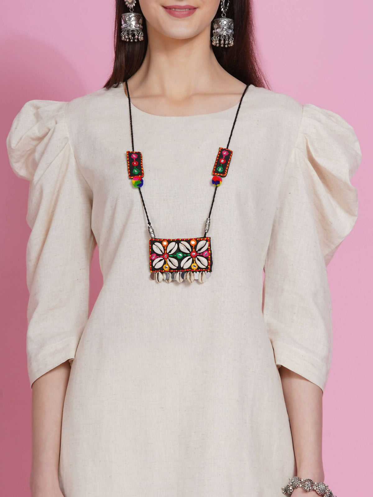 Women Republic Off White Cotton Flex Kurta With Attached Necklace And Pants | Grocsy