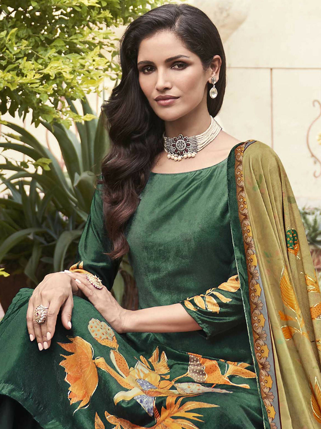 Jyoti Fashion Women's Green Velvet Floral Digital Printed Kurta with Trouser & Dupatta | Grocsy
