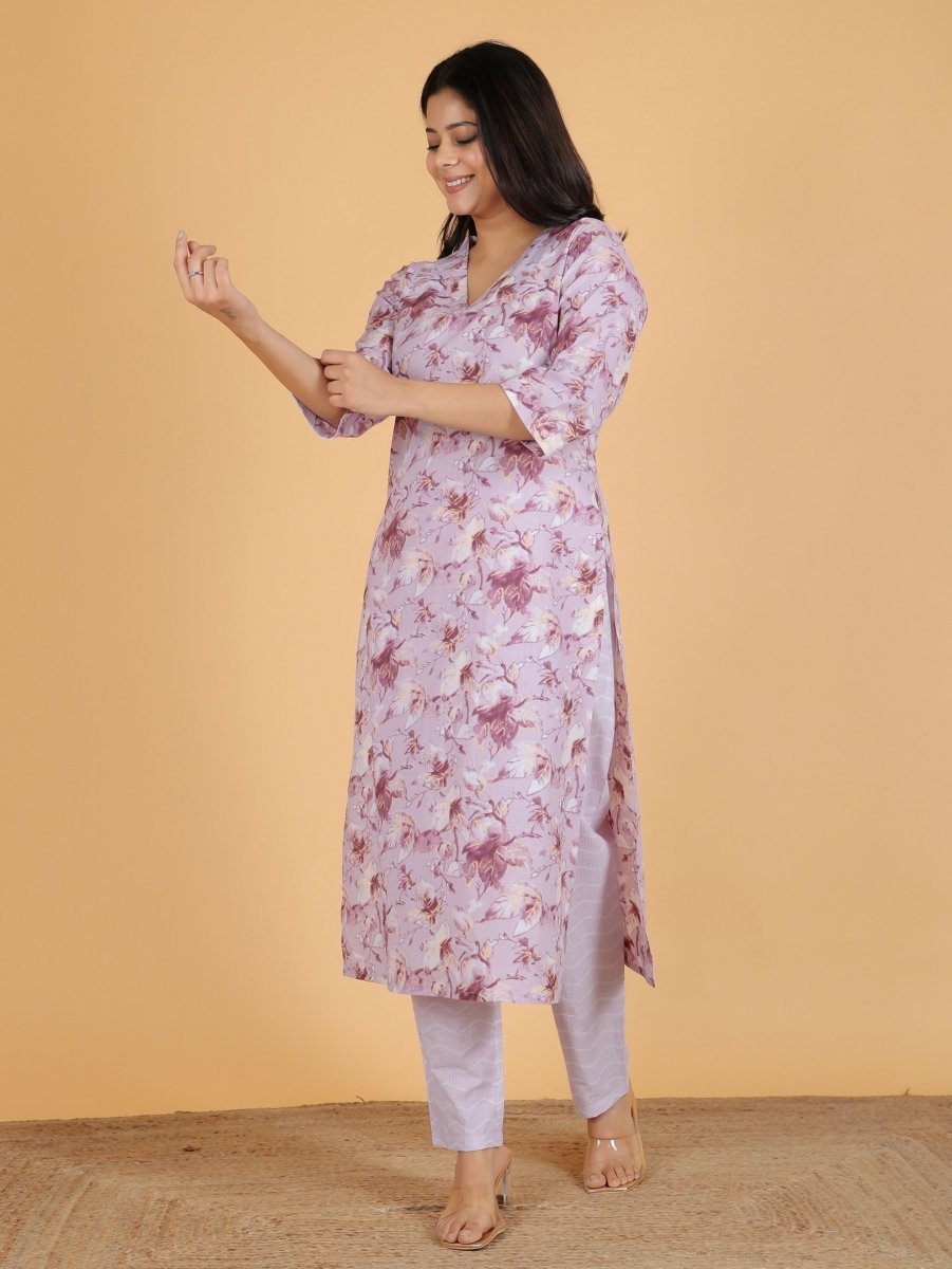Aramya Straight Soft Cotton Gold foil Print Women's Kurta Set - Purple | Grocsy