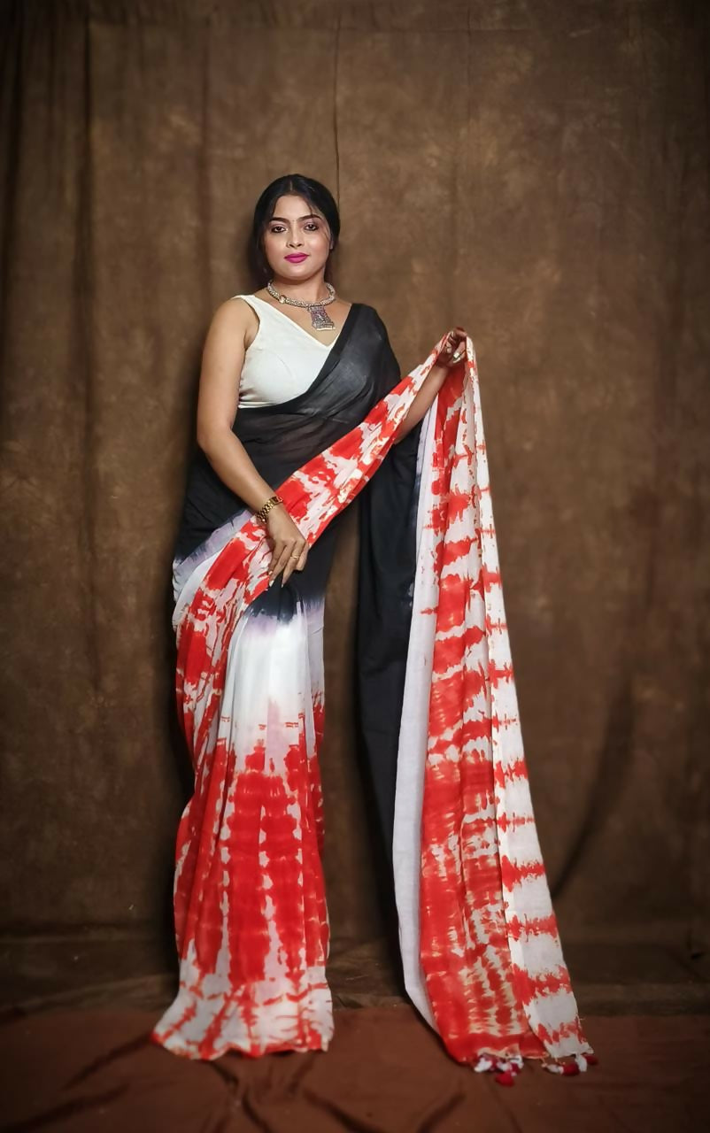 Exclusive Collection Black Red Beautiful Super Soft Most Comfortable Pure Mul Cotton Saree | Grocsy