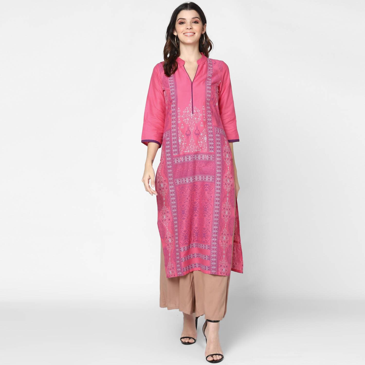 Cheera Hand Block Print Baby Pink Straight Kurta (MAAI-048K) | Grocsy