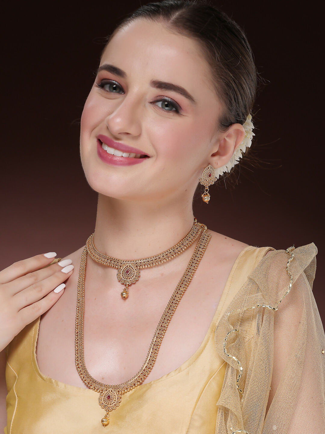 NVR Women's Set of 2 Gold-Polished Pink Stone Studded Jadau Jewellery Set | Grocsy