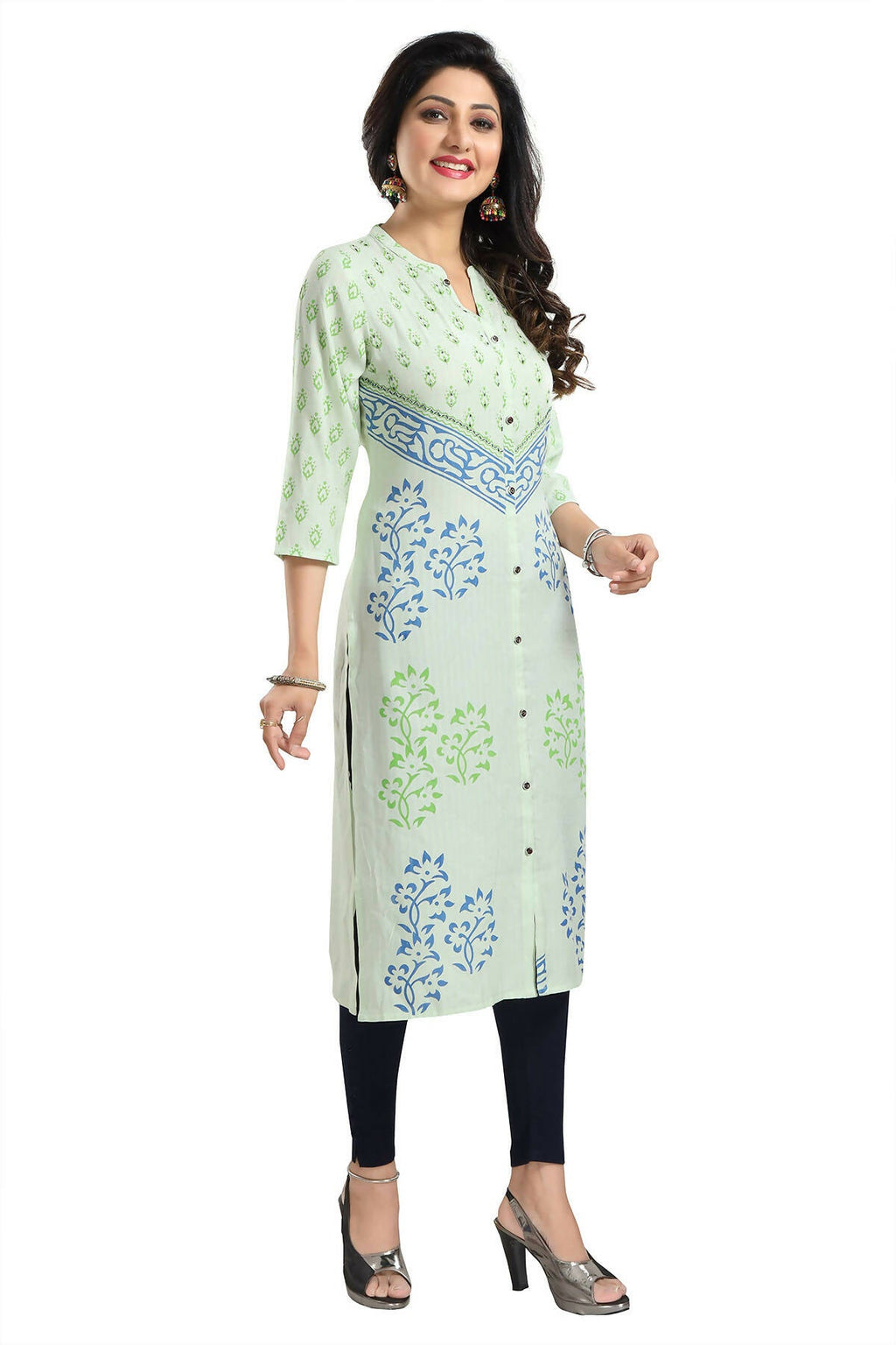 Snehal Creations Green Rayon Textured Print Long Kurta For Women | Grocsy