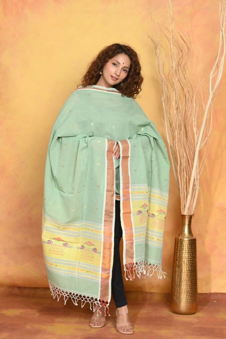 Very Much Indian Handloom Pure Cotton Paithani Dupatta - Sea Green | Grocsy