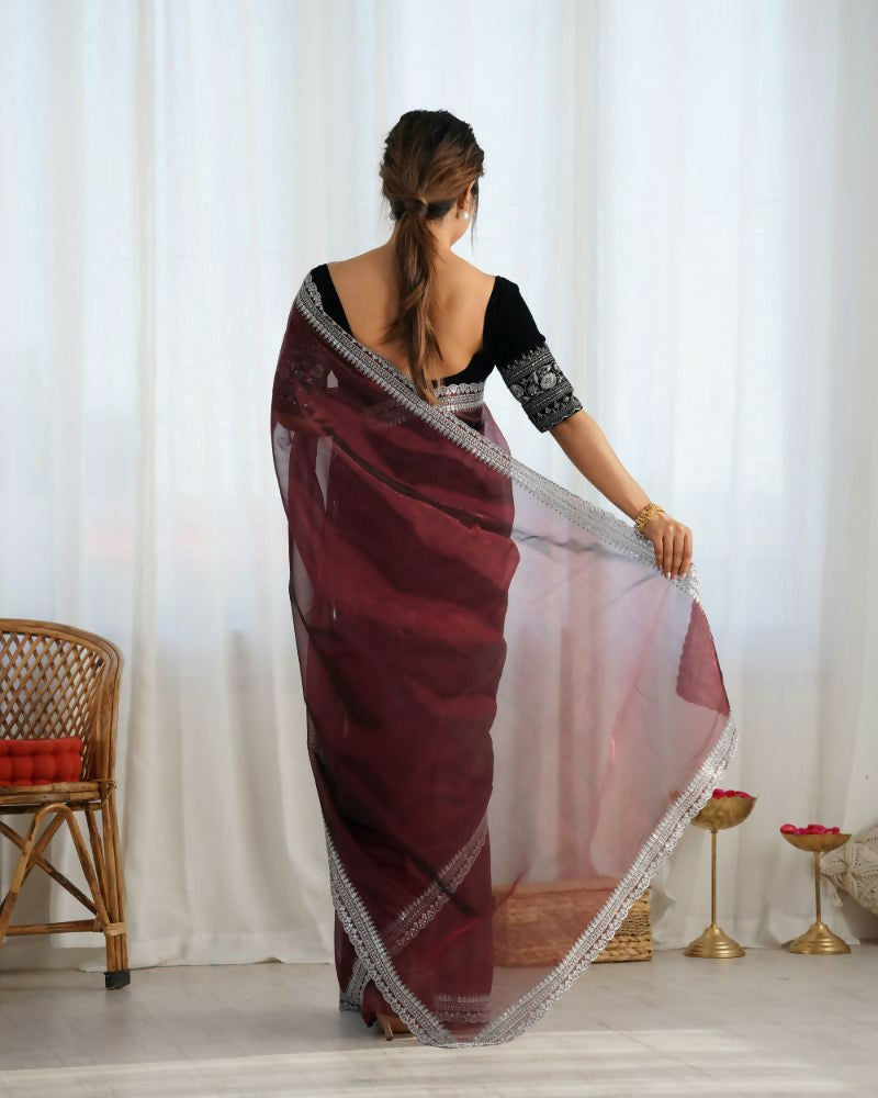 Attrctive Looking Gold Jari, Sequance Embroidery Work Twill Net Party Wear Saree - Coffee | Grocsy