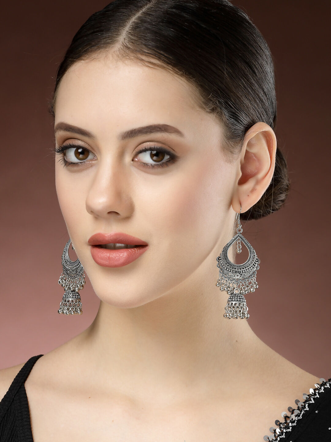 NVR Women's Silver-Plated German Silver Oxidized Jhumka Earrings | Grocsy