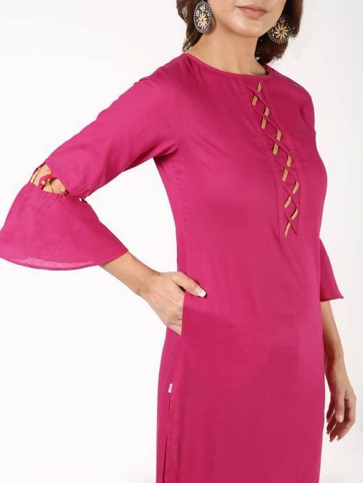 Aniyah Cotton Criss Cross Bell Sleeves Magenta Straight Kurta (AN-144K) | Grocsy