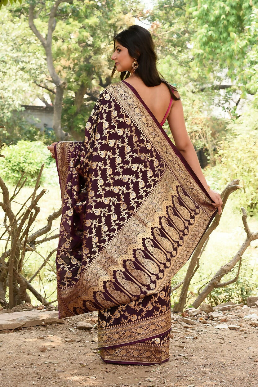 Joban Fashion Plum Purple Banarasi Soft Pure Handloom Banarasi Silk Saree | Grocsy