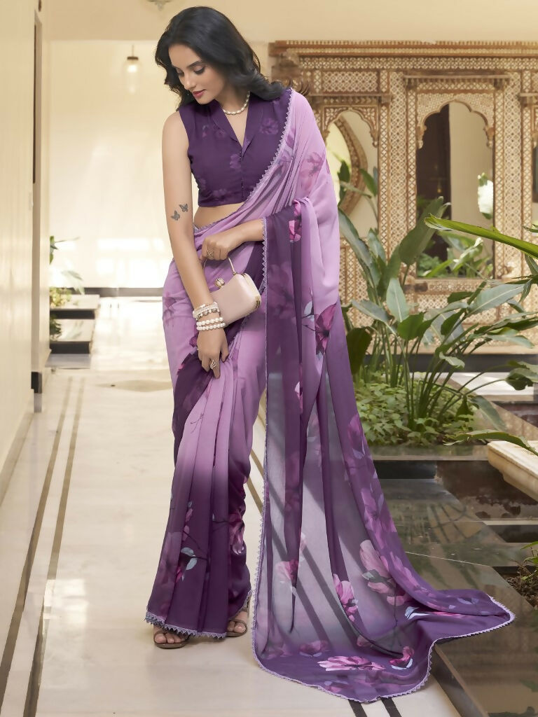 Vastranavya Lavender Weightless Marble Printed & Trim Lace Border Saree with Unstitched Blouse | Grocsy