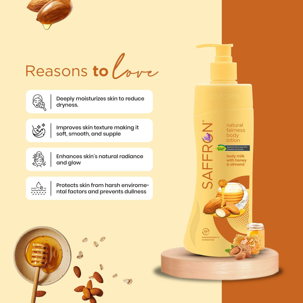 VI-JOHN Saffron Natural Fairness Body Lotion Body Milk with Honey & Almond Deep Nourishment & Radiant Glow For All Skin Types | Grocsy