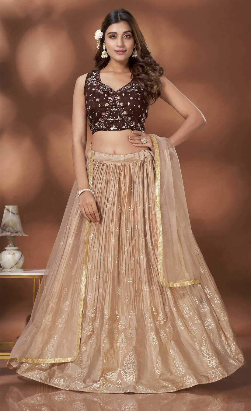 Beige Chinnon Crush Foil Printed Lehenga Choli with Dupatta - Aakriti | Grocsy