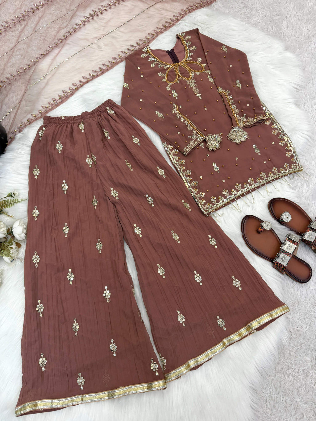 Teeya Creation New Latest Kids Trendy Ready to Wear Kurta Palazzo Set-Brown | Grocsy