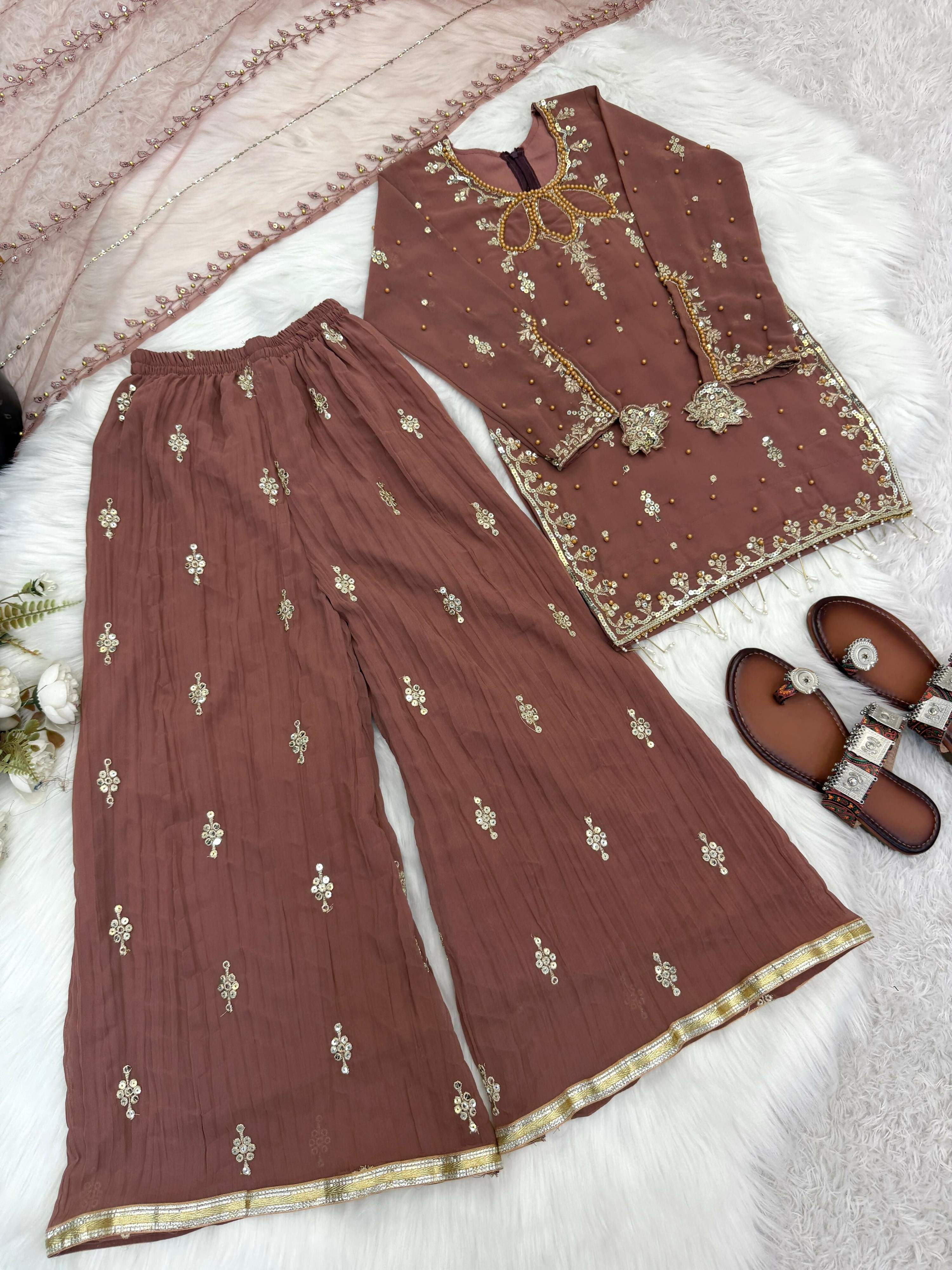 Teeya Creation New Latest Kids Trendy Ready to Wear Kurta Palazzo Set-Brown | Grocsy
