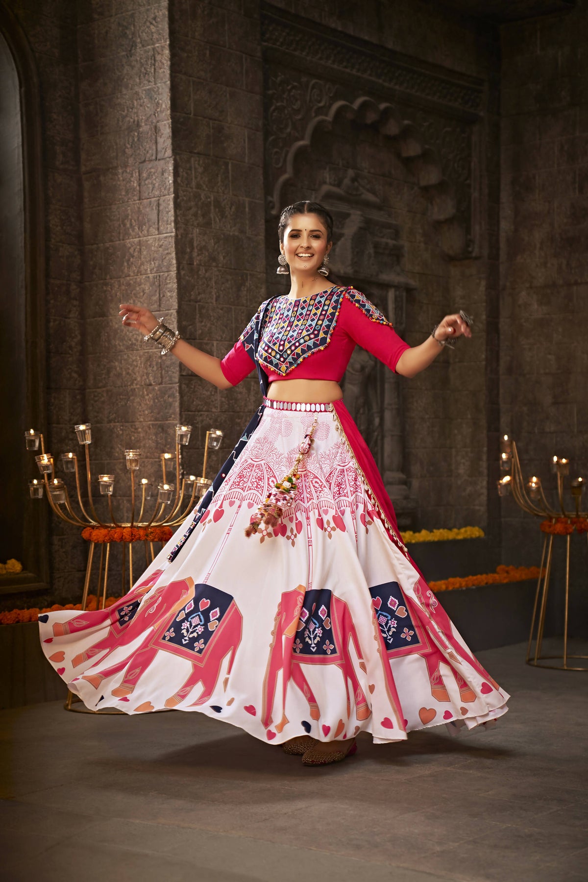 White Rayon Thread Embroidered Navratri Lehenga Choli with Dupatta - Raas | Grocsy