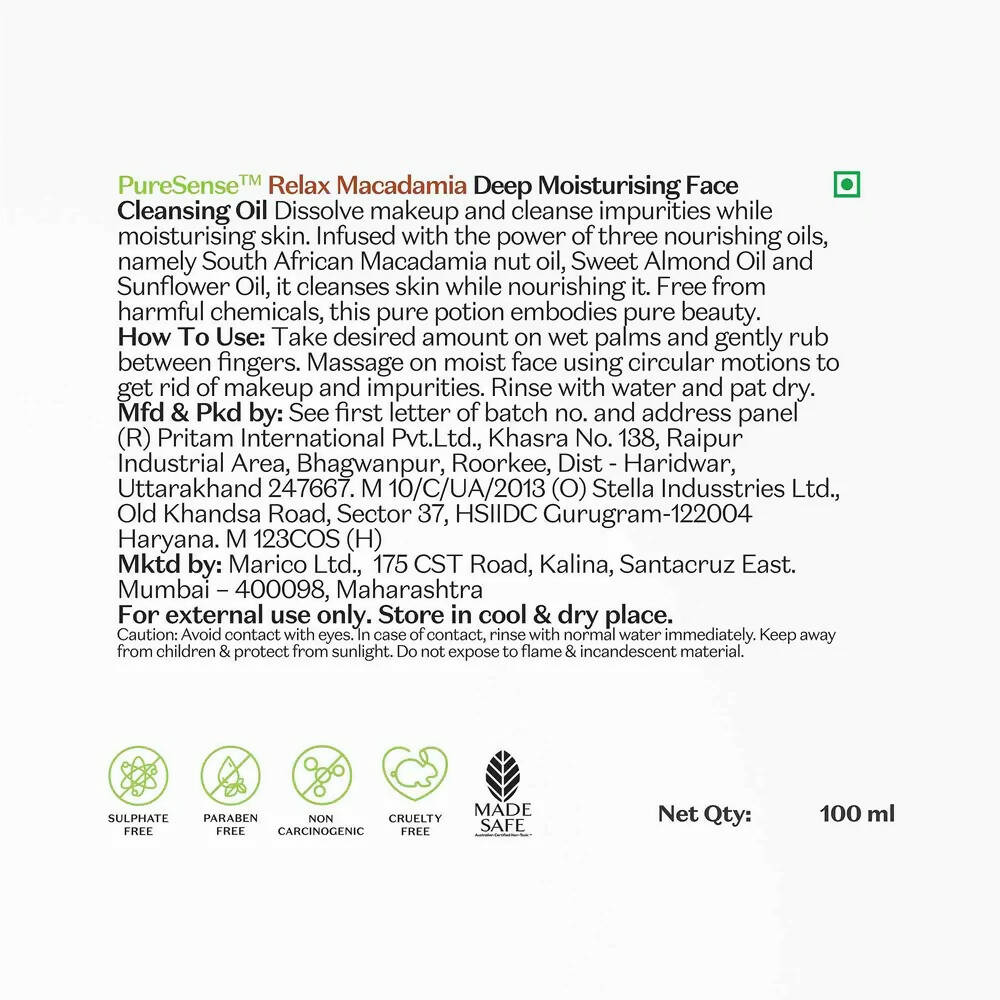 PureSense Relaxing Macadamia Deep Nourishing Face Cleansing Oil | Grocsy